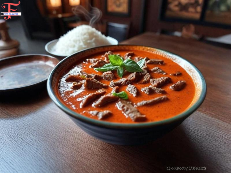 Vibrant red Thai curry with beef strips and fresh basil on top, served with jasmine rice.